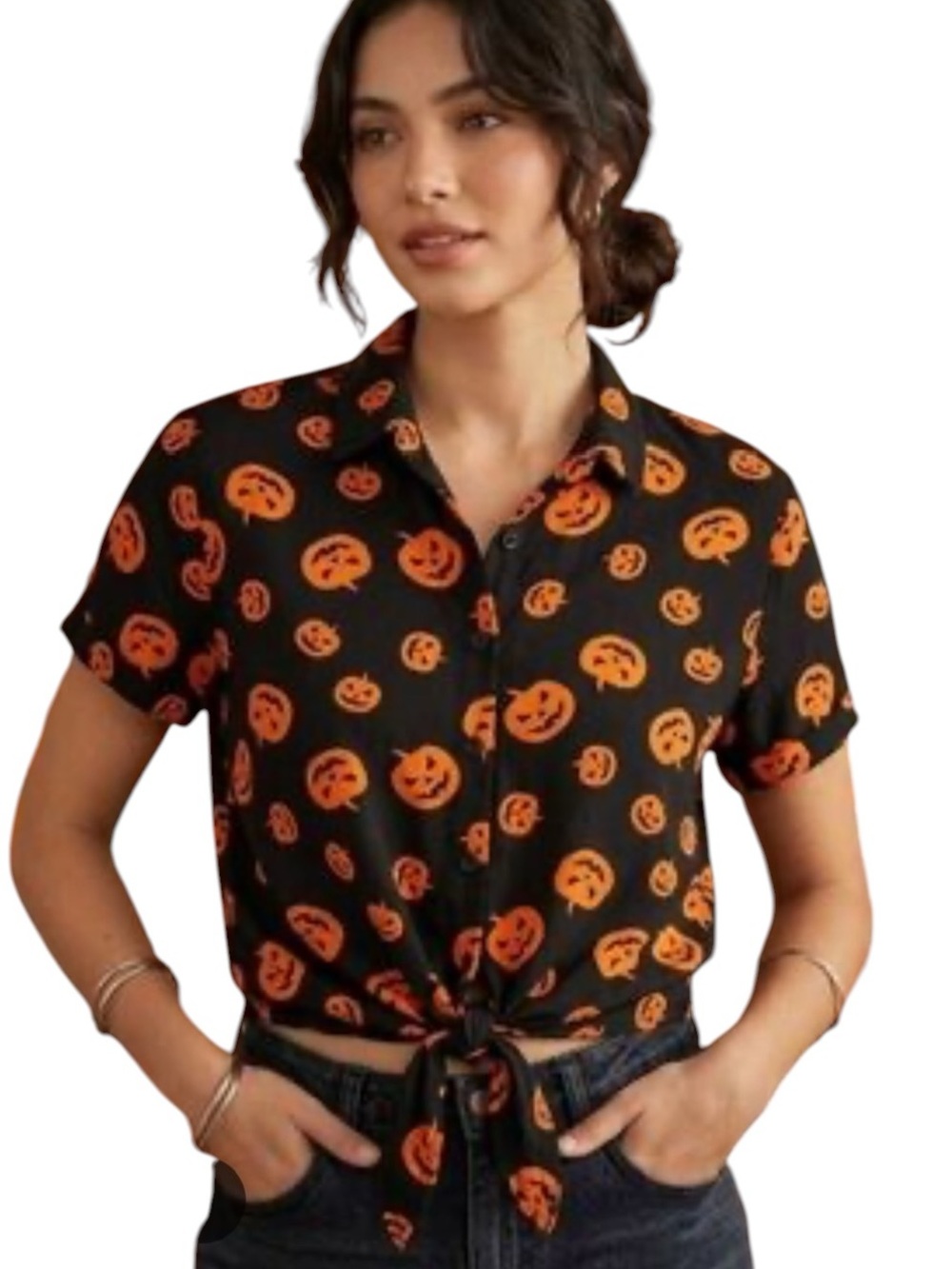 Spirit Halloween Pumpkin Jack-O'-Lantern Tie-Front Rayon Button Up Shirt M NWOT